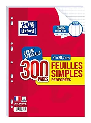 Oxford - Feuilles Simples Perforées Blanches - Format A4 - 21 x 29.7 cm - Grands Carreaux Seyes - Lot de 300 Pages