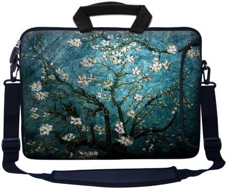 15.6 inch Neoprene Laptop Bag Sleeve with Extra Side Pocket, Soft Carrying Handle &amp; Removable Shoulder Strap for 14" to 15.6" Size Notebook Computer - Vincent van Gogh Almond Blossoming