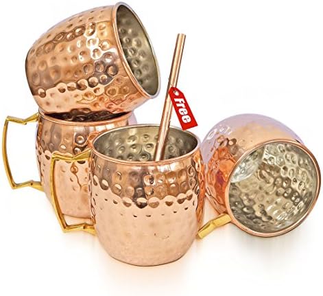 Rudra ® Moscow Mule Solid Copper Mug 18 oz/532 ML - Set of 4, - Nickel Inside Best Quality Lacquered Finish, Moscow Mule Cocktail Cup, Copper Mugs, Cocktail Mugs WITH FREE COPPER STRAW