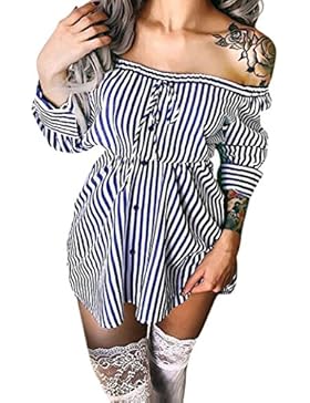 Kleid damen Kolylong®Frauen Vintage Streifen Trägerlos Kleid Herbst Elegant Langarm Kleid Reizvoll Rückenfrei...