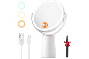 Auxmir Espejo Maquillaje con Luz LED, Aumento 30X/1X Doble Cara, Recargable por USB 2000mAh, 3 Colores de Luz, Brillo Ajustable, 360° Giratorio, para Baño, Afeitado, Depilación y Cejas