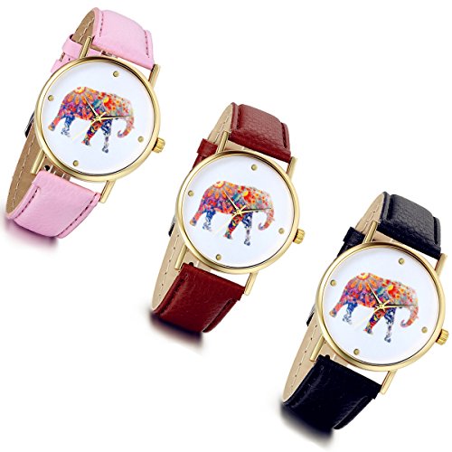 Lancardo Damen Herren Armbanduhr, Fashion Casual Elefant Analog Quarz Uhr mit Leder Armband, pink schwarz braun