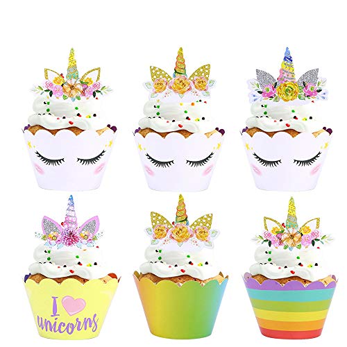 SAIYU Unicornio Cupcake Decoraciones 24 Pack Unicorn Cupcake Toppers Cuerno y Oídos Doble Cara Wrappers Cupcake para Niños Unicorn Birthday Party Rainbow Themed Party Decorations