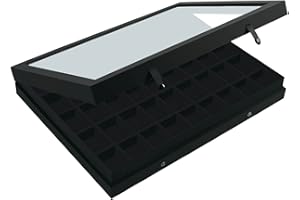 SAFE 5677 Vitrine pour collection avec couvercle en verre véritable | surface de la structure en lin noir mat | Étui pour jusqu'à 45 figurines Lego, minéraux ou bijoux | 40 x 30 x 5,5 cm