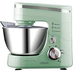 Bakaji Mixeur Robot Pétrin planétaire robot de cuisine multifonctions avec bol de 4,5 litres en acier inoxydable avec couvercle 600 Watt pieds antidérapant crochet Pétrin batteur fouet vert rétro