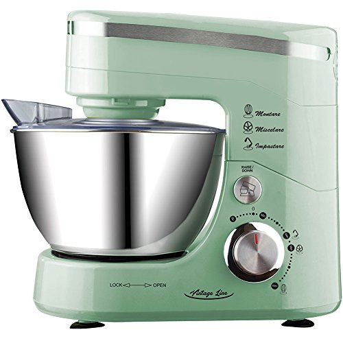 Bakaji Mixeur Robot Pétrin planétaire robot de cuisine multifonctions avec bol de 4,5 litres en acier inoxydable avec couvercle 600 Watt pieds antidérapant crochet Pétrin batteur fouet vert rétro