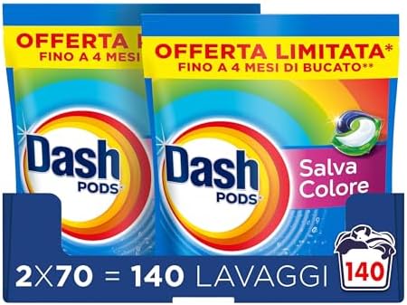 Dash Pods Detersivo In Capsule, 2x70 Lavaggi, Salva Colore, Rimuove Le Macchie, Igienizza, Brillantezza Per I Capi