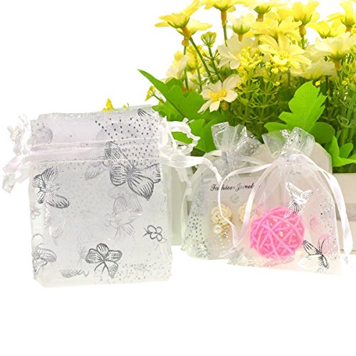100 stück Organza Organzasäckchen Schmuckbeutel SUMERSHA Geschenkbeutel mit Schmetterling Muster weiß 7*9 cm