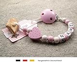 Veilchenwurzel an Schnullerkette mit Namen | natürliche Zahnungshilfe Beißring für Babys | Schnullerhalter mit Wunschnamen – Mädchen Motiv Herz in rosa - 3