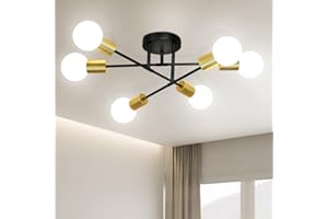 Depuley Vintage Ceiling Lights, 6-Light Sputnik Ceiling Light with Adjustable Arms,Black-Golden Metal Modern Chandelier,Industrial Edison Ceiling Light Fitting for Dining Room,Bedroom(No Bulbs)