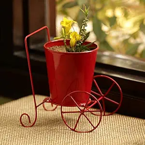 ExclusiveLane Plant On Wheels Table and Floor Decorative Metal Flower Planter Pot 1 Planter, 1 Stand (Glossy Red, 7.3 * 5.0 * 7.1Inch)