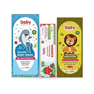 Baby Organo Combo of Gentle Baby Wash, Nourishing Body Lotion and Herbal Kids Toothpaste