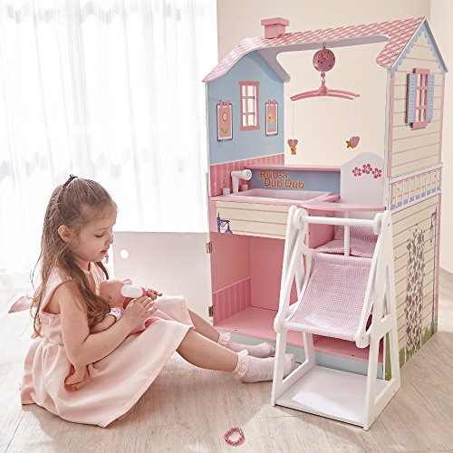 Teamson Kids - All in One 18 inch Baby Doll Nursery Station (Changing Table + Crib + High Chair + Cabinet) with Swing | Wooden 18 inch Doll Furniture