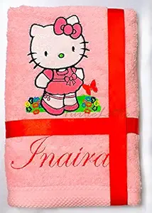 TurtleLittle, Cotton, Hello Kitty Personalised Kids Bath Towel, 500 GSM (Set of 1, Pink)