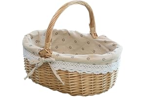 JAWSEU Cesta de Picnic de Mimbre de Estilo Campestre con Asa y Forros, Cesta de Flores Tejidas a Mano Cesta para Picnics, Fiestas y Barbacoas