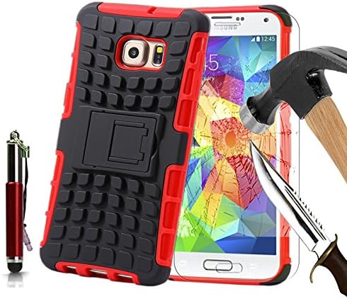For Samsung Galaxy S5, Armor Case Tough Rugged Shock proof Armorbox Dual Layer Heavy Duty Carrying Hybrid Hard Slim Protective Case For Galaxy S5 (with Kickstand) + Ret. Touch Pen + Tempered Glass-Red