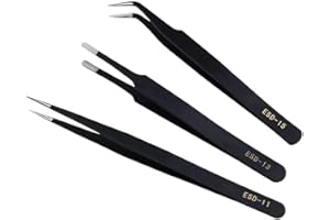 ABMRO Set di 3 pinzette ESD di precisione, in acciaio inox, antistatiche, con curve, appuntite, per extension ciglia, artigianato, creazione di gioielli, elettronica, depilazione