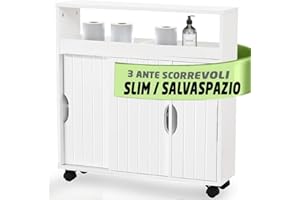 Shally Dogan Mobile da Bagno con 4 Ruote Girevoli a 360°, Carrellino Stretto con Ante Scorrevoli e Ripiani in Legno Bianco, Armadietto Carrello Slim Salvaspazio per Cucina, Sgabuzzino, Multiuso