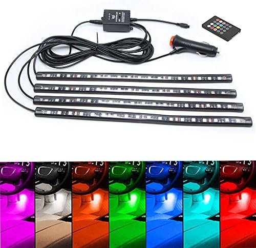 JOJOO 4pcs 72 LED Multi-colour Remote Control Car LED Interior Lights Atmosphere Neon Lights Kit with Sounds-activated &amp; Wireless IR Remote Control, Car Charger Included, MA014