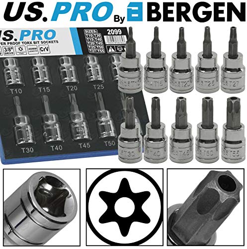 US PRO by Bergen - Juego de llaves de vaso Torx de seguridad (3/8" Torx Star Sockets T10-T55)