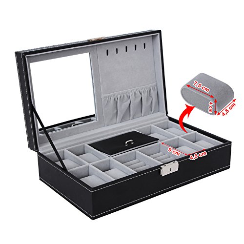 Songmics Uhrenkoffer mit Spiegel Haken Schwarz 8 Uhren JWB41B - 3