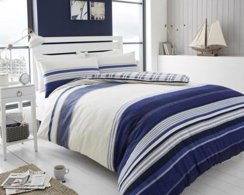 LnB Herringbone Stripe Grey/Red/Navy 100% Flannelette Cotton Bedding Set/Duvet Cover Double-King (Navy, Double)