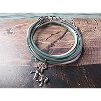 Handmade Mädchen/ Kinder Echt Leder Wickel Armband, Mint Grün/ Weiß/ Grau mit Pferde Anhänger