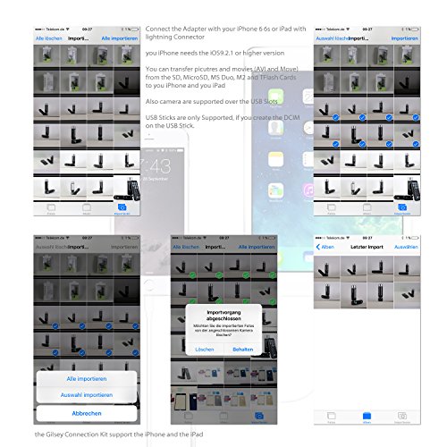 Gilsey 7in1 Camera Connection Kit Adapter iPhone 6 6s, iPad Air, iPad Air 2, iPad Air Pro, iPad 4, iPad Mini, Ipad Mini 2, iPad Mini 3, iPad Mini 4 – SD, MS, TF, M2, Mini SD, MMC, Micro SD + 3 USB HUB – Überträgt Bilder und Videos von Kameras und Karten Kartenlesegeräte – iOS 9 - 7