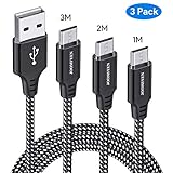 JOOMFEEN Cable Micro USB, 3-Pack [1M, 2M, 3M] Micro USB Cable - Cargador Micro USB Trenzado de Nylon Cargador movil rapido para Android,Samsung, Nexus, Kindle, HTC, LG, Sony, PS4 y más-Negro/Plata