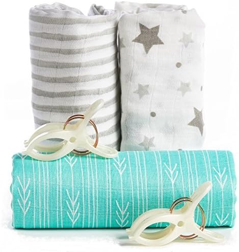 Swaddle Blanket | Softest Bamboo Muslin | 3 Pack of Extra Large Blankets + 2 Stroller Clips + Baby Sleeping Guide By BabyVoice (white-grey-green)