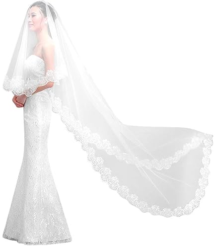 Voile De Mariée 4m Traînant - Une Couche, Dentelle Florale Brodée, Avec Peigne Blanc
