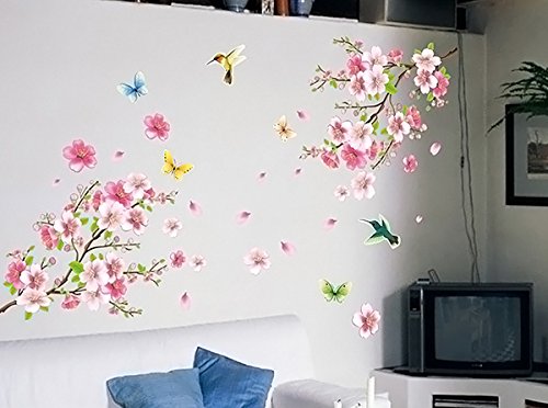 Qianxing abnehmbares wiederverwandbares schöne Baum Blume Blätter und Vögeln Serie Wandbild mehrfarbiges Wallsticker Wandtattoo Aufkleber für Sofa und Fernsehen im Wohnzimmer Deko Wandpapier(Blumen und Vogel)(110*120) - 5