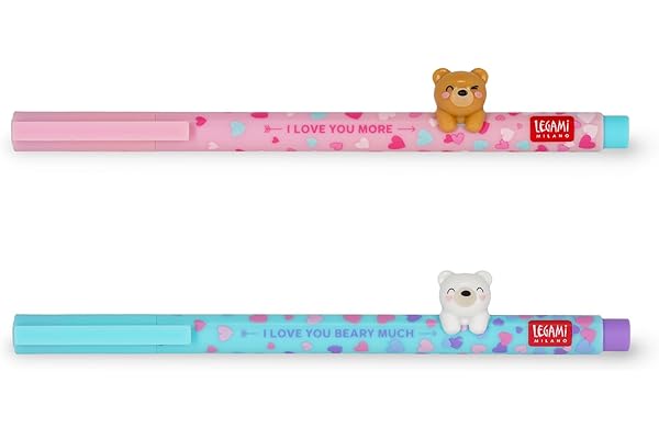 Legami - Set de 2 Bolígrafos de Gel Lovely Friends, Edición Limitada, Animal Decorativo Removible y Recombinable, Evita el Enrollamiento, Tinta Azul Claro y Morado, Punta Fina 0.5 mm
