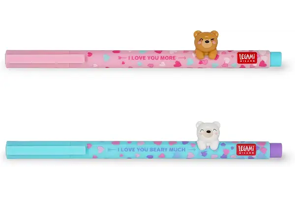 Legami - Set de 2 Bolígrafos de Gel Lovely Friends, Edición Limitada, Animal Decorativo Removible y Recombinable, Evita el Enrollamiento, Tinta Azul Claro y Morado, Punta Fina 0.5 mm