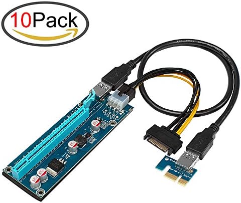 PCI Riser PCI-E 1x to 16x Powered Riser Adapter Card with 60cm USB 3.0 Extension Cable and 6-Pin PCI-E to 15 Pin SATA Power Cable - GPU Riser Adapter - Ethereum Mining ETH (10PCS)