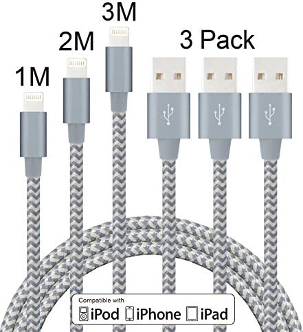 Elebar lightning USB cable Nylon Braided Charging Cable for iPhone 7/SE/6s/6/ 5/5c/5s/SE, iPad, iPod - 3ft 6ft 10ft ( Pack of 3)-Gray