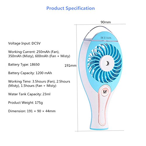DUTISON Mini Standventilator mit Kühlung Handventilator Ventilatoren mit Luftbefeuchter für Büro Haus Reise Kühlventilator (Blau) - 7
