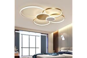 Lfoute Oświetlenie Sufitowe LED Nowoczesna Lampa Sufitowa Do Salonu Okrągła Możliwość Przyciemniania za Pomocą Pilota Akrylowy Klosz Żyrandol do Jadalni Biurowe Restauracji Sypialni,Gold,100cm