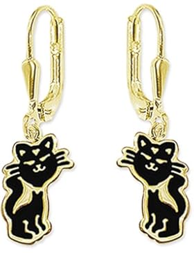 CLEVER SCHMUCK Vergoldete Ohrhänger 23 mm mit Katze 8 mm innen schwarz lackiert glänzend STERLING SILBER 925 gold...