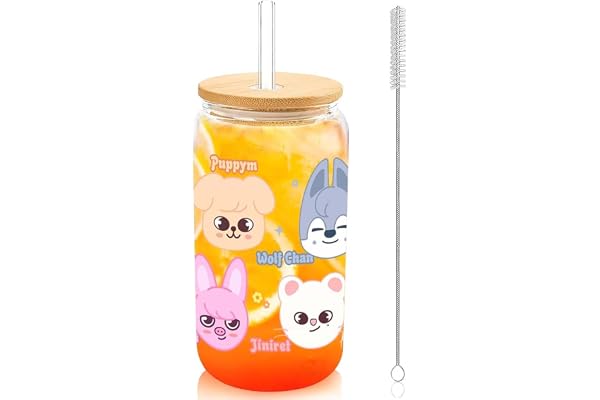 SKZ SKZ Stray med lock och sugrör, 500 ml Skzoo-glas, för bubbelte, kaffe, smoothies, iste, cocktail, kpop merch gåvor för Stay