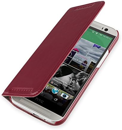 HTC One M8 Phone Premium Luxury Genuine Real Leather Wallet Flip Case Cover Holder+Screen Protector (HTC One M8, Red)