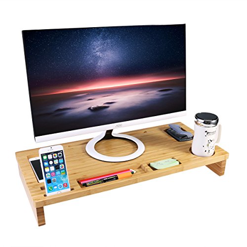 OULII Bambus-Monitorständer, erhöhter Holz-Schreibtisch für den Laptop mit Ablagefächern - 6