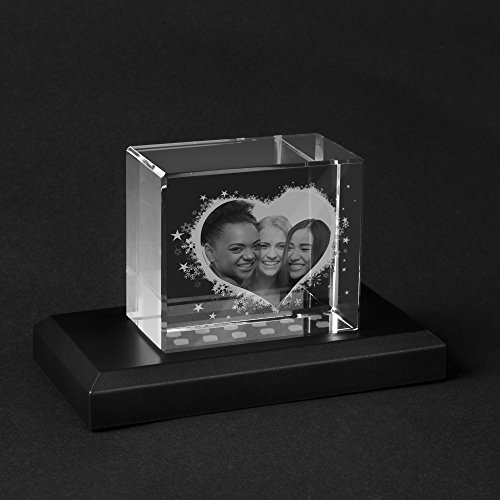 Personello® Glasfoto Herz mit Foto Gravur (Foto in Glas graviert) Fotogeschenk, Größe M=70x60x40mm, Leuchtsockel