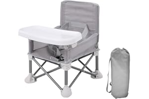LADIDA Foldable Baby Travel Seat Booster Toddlers Dining Seat Removable Tray with Travel Bag Portable Folding Booster Feeding Chair for Children Toddlers Infants, Grey 308