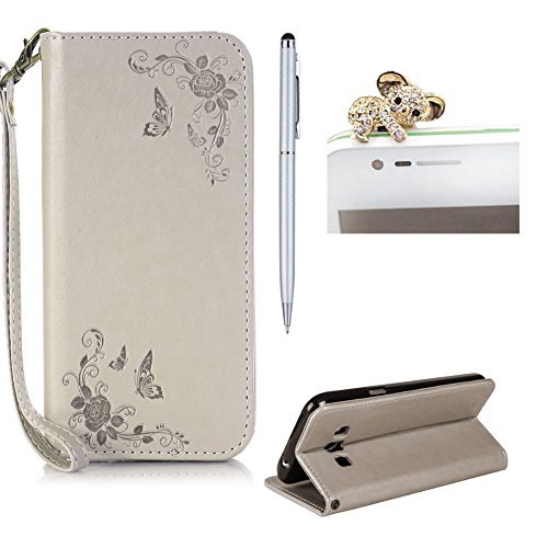 SKYXD Leder Hülle für Samsung Galaxy J3 2016 Rosen Blumen und Schmetterlings Muster,PU Folio Klappbar SchutzHülle [Brieftasche Kartenfach / Magnet / Standfunktion / Trageschlaufe] KlappHülle für mit [Koala Handyanhänger + Eingabestift] 3 in 1 Zubehör Set Handy Tasche Etui for für Samsung Galaxy J3 2016 J320F J3 Duos Bookstyle Flip Case Leather Cover With [Stylus and Dust Plug]- Grau