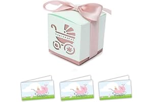 C.X.Y. 100pz Scatola Cubo Passeggino + Bigliettini Da Bomboniera Preforati Formato A4 Nascita Battesimo (ROSA)