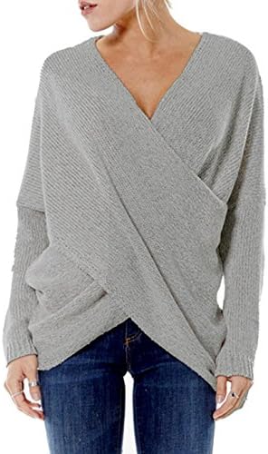 Teamyy Womens V Neck Knitted Jumpers For Women Oversized Cross Wrap Knit Jumper Sweater