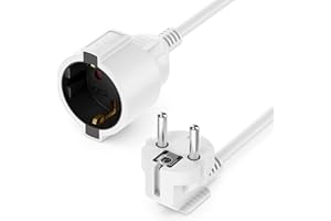 deleyCON 5m Cable de Alimentación Extensión Enchufe de Contacto de Puesta a Tierra Tipo F (CEE 7/4) 90° en Ángulo en el Zócalo (CEE 7/3) Protección de Contacto TV PC Ordenador Beamer - Blanco