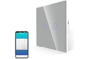 JIMEIDA Interruptor de luz Smart Touch gris, no requiere cable neutro, interruptor Alexa funciona con Google Home, placa de cristal sin tornillos, 2 marchas