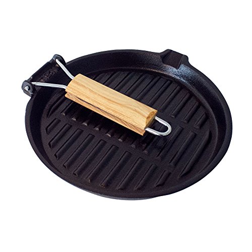 Big-BBQ Grill- und Steakpfanne aus Gusseisen | 22 cm mit festem oder klappbaren Holzgriff | Grillpfanne mit geriffeltem Boden oder als Bratpfanne mit glattem Boden und hohen Rand | fertig eingebrannt und sofort einsatzbereit | Ausführung: #4 Rund mit Klappgriff - 2